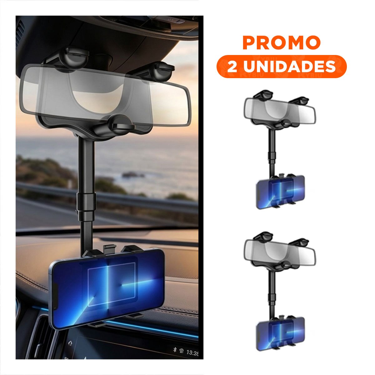 PACK2 ACCESORIO UNIVERSAL CELULAR EN RETROVISOR 360 NEGRO LIGERO MODERNO Y SEGURO - 1