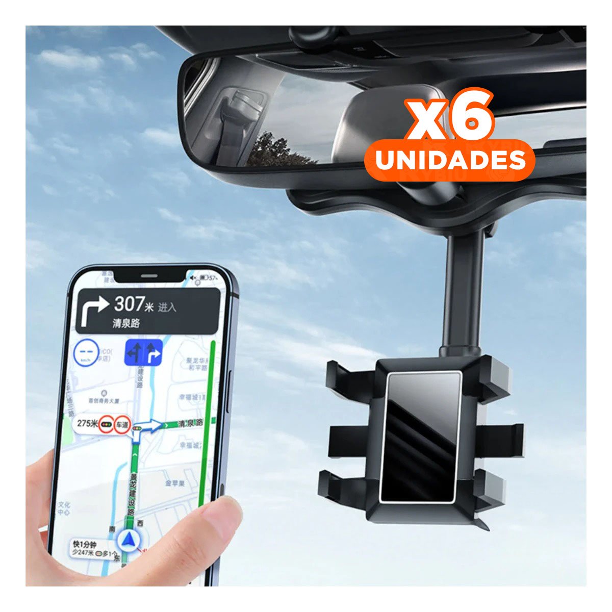 PACK6 PINZA PARA CELULAR EN RETROVISOR 360 NEGRO LIGERA MODERNA Y ESTABLE Y+REGALO STICKER - 1
