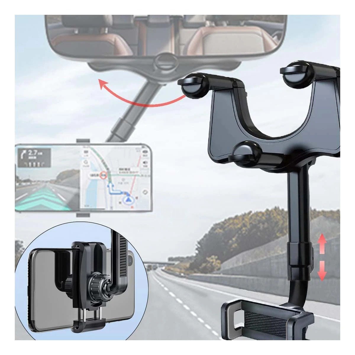PACK6 PINZA PARA CELULAR EN RETROVISOR 360 NEGRO LIGERA MODERNA Y ESTABLE Y+REGALO STICKER - 3