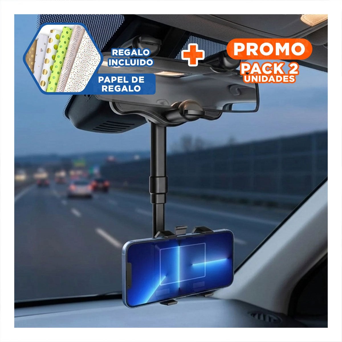 PACK2 ACCESORIO CELULAR RETROVISOR 360 NEGRO MODERNA FUNCIONAL Y VERSATIL Y+PAPEL REGALO - 1