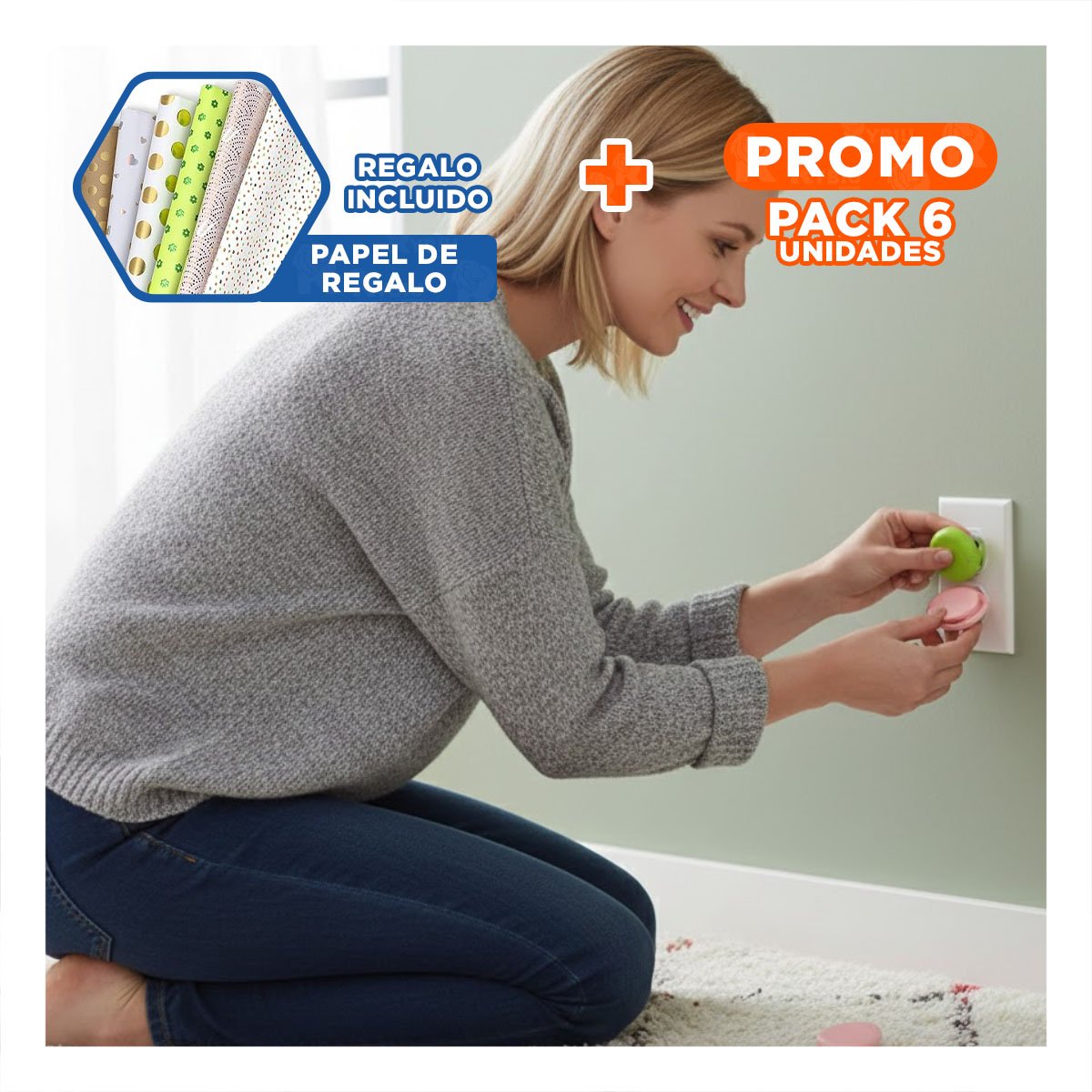 PACK6 TAPA RECTANGULAR PARA ENCHUFE COLOR VERDE Y BLANCO Y ROSADO 2,5X3,5CM Y+PAPEL REGALO - 1