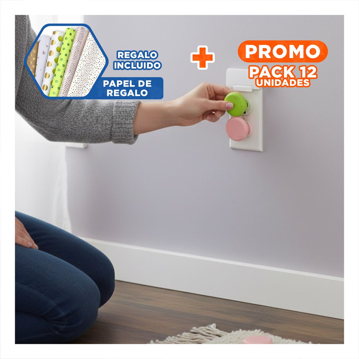 PACK12 TAPA DE ENCHUFE RECTANGULAR ROSADO VERDE Y BLANCO DIMENSIONES 2,5X3,5CM Y+PAPEL REGALO - 1