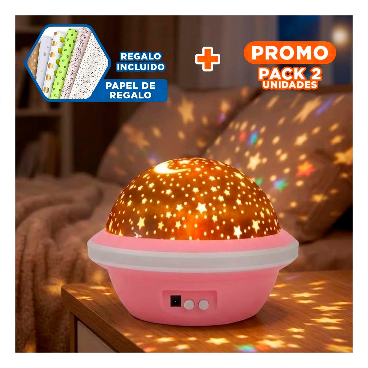 PACK2 LUZ DE NOCHE GIRATORIA DE CIELO COLOR ROSADO LED Y+PAPEL REGALO - 1