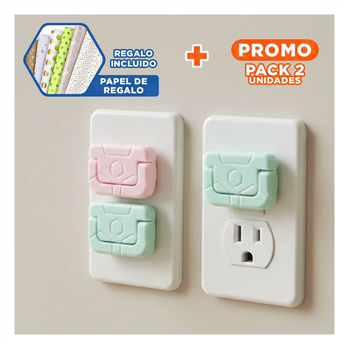 PACK2 PROTECTOR RECTANGULAR ROSADO Y VERDE AGUA CON AJUSTE PARA ENCHUFE 2,5X3CM Y+PAPEL REGALO - 1
