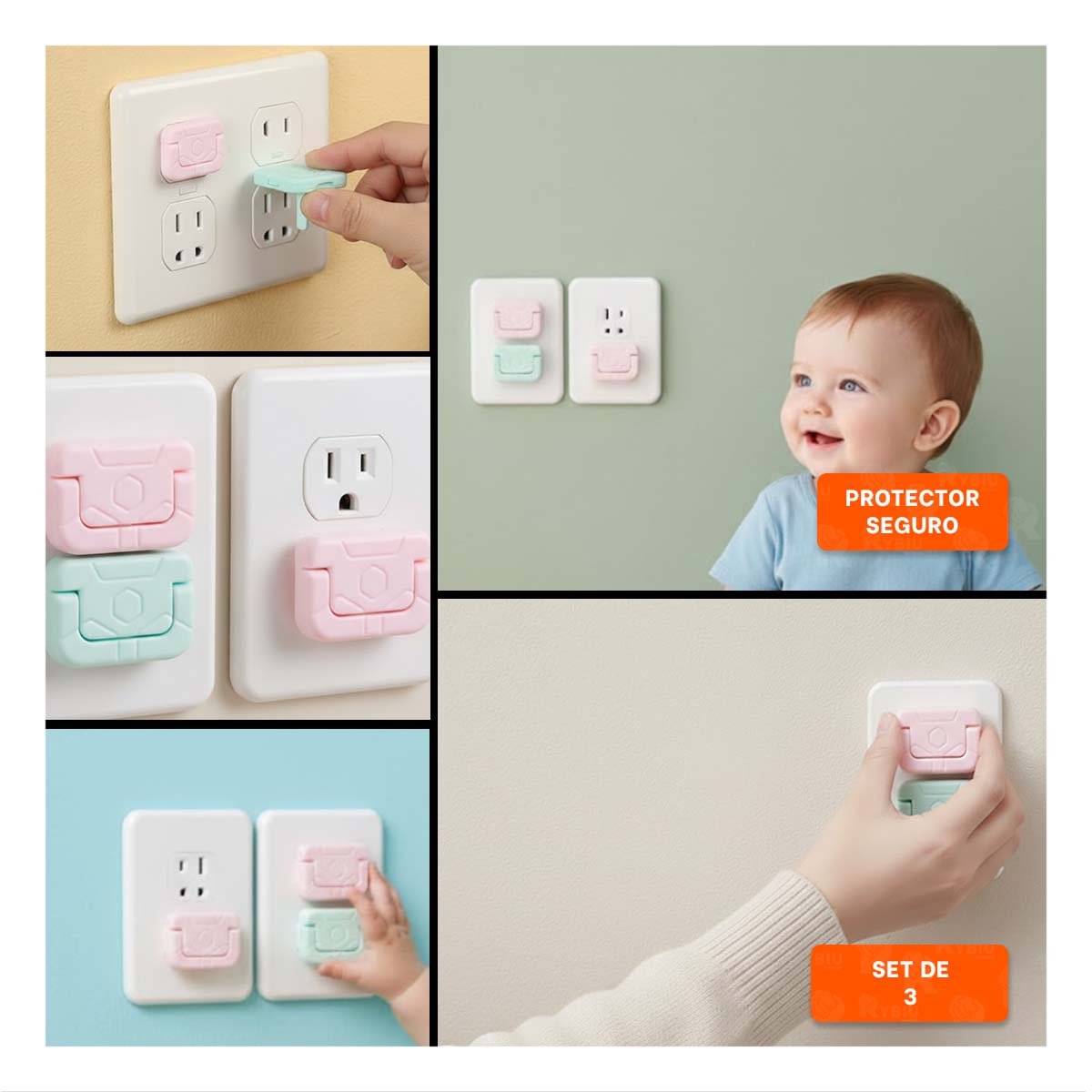 PACK2 PROTECTOR RECTANGULAR ROSADO Y VERDE AGUA CON AJUSTE PARA ENCHUFE 2,5X3CM Y+PAPEL REGALO - 3