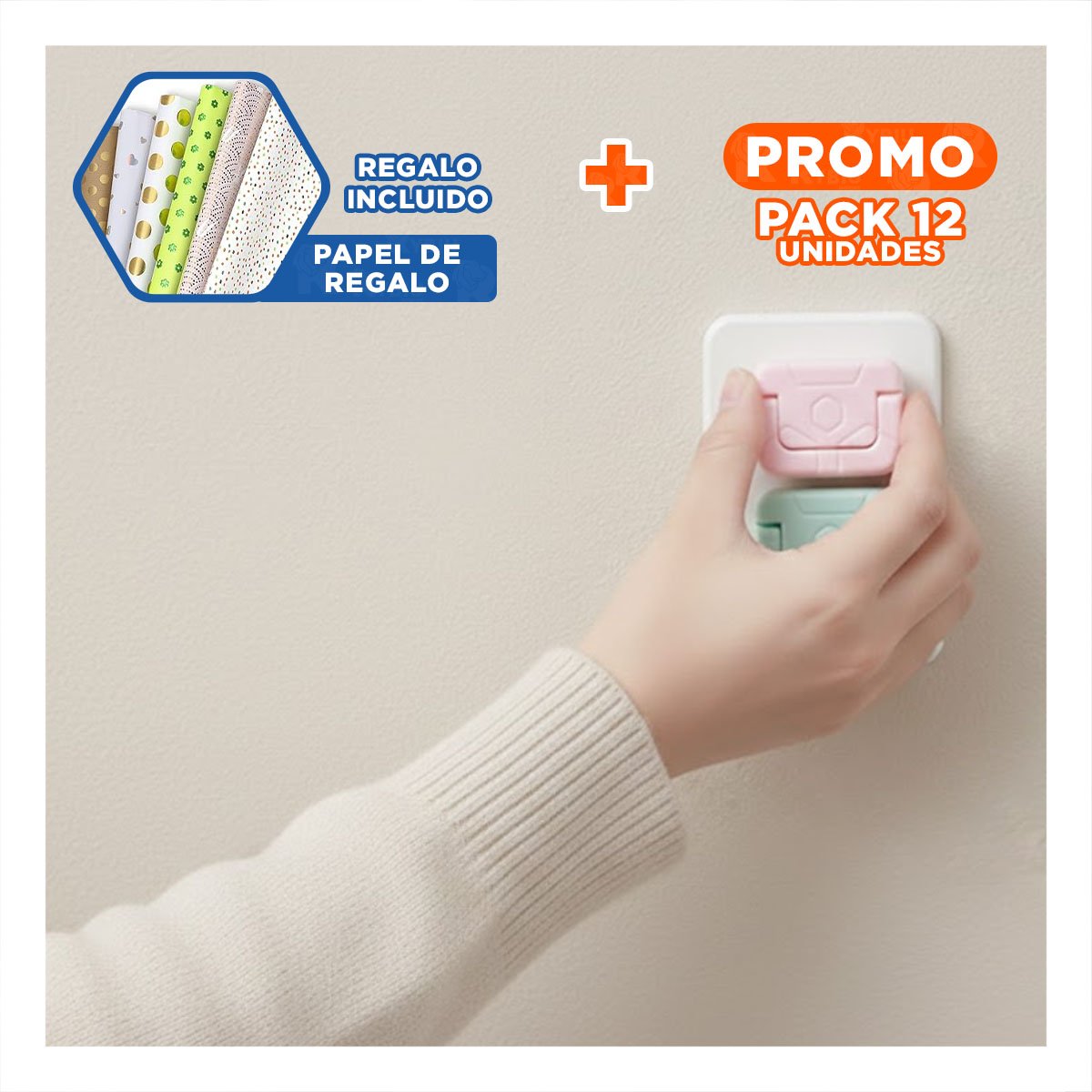 PACK12 TAPA DE ENCHUFE RECTANGULAR ROSADO VERDE AGUA DIMENSIONES 2,5X3CM Y+PAPEL REGALO - 1