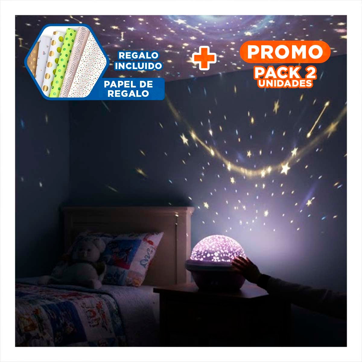 PACK2 LUZ DE NOCHE GIRATORIA DE CIELO COLOR LILA LED Y+PAPEL REGALO - 1