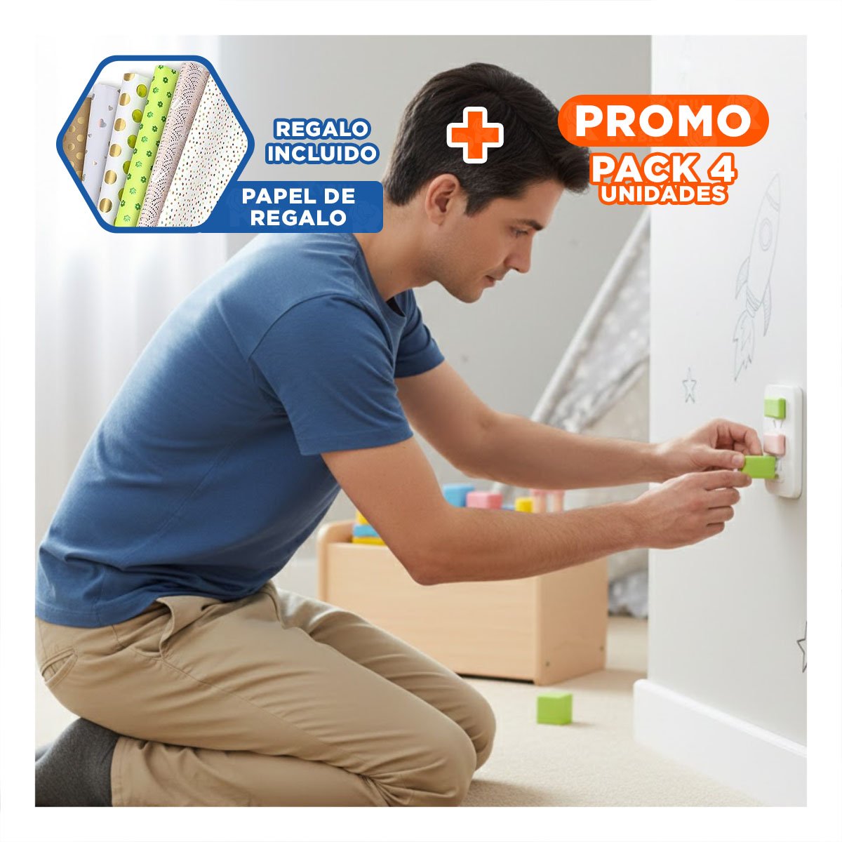 PACK4 PROTECTOR DE ENCHUFE RECTANGULAR DE 2,5X3,5CM ROSADO VERDE Y BLANCO Y+PAPEL REGALO - 1