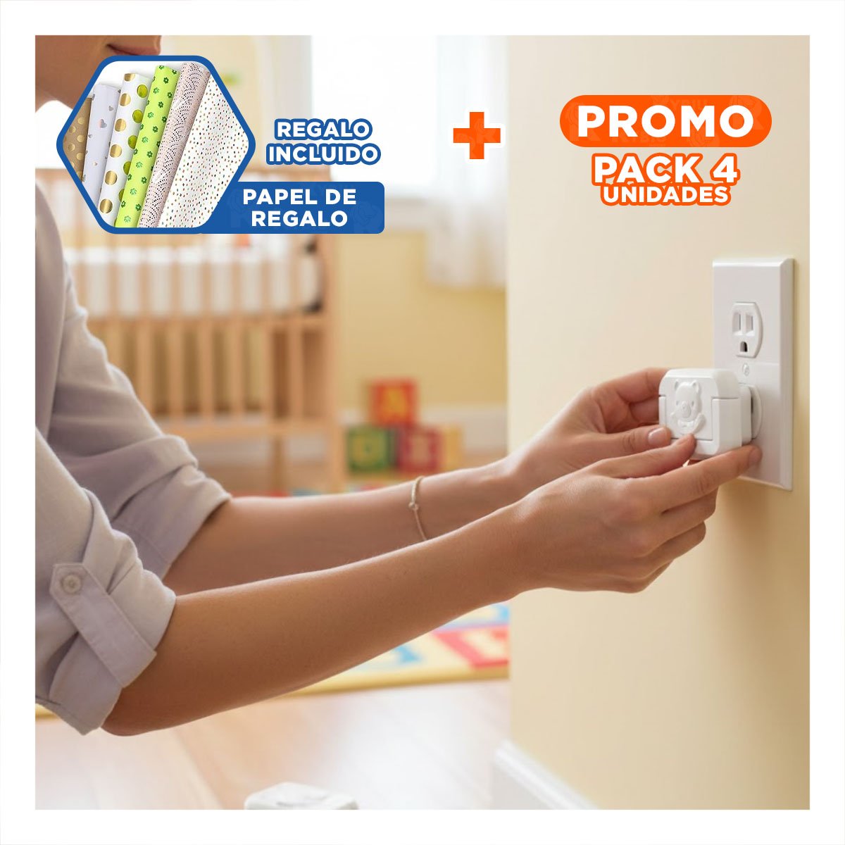 PACK4 PROTECTOR DE ENCHUFE RECTANGULAR DE 2,3X3,2CM FORMA DE OSITO BLANCO Y+PAPEL REGALO - 1