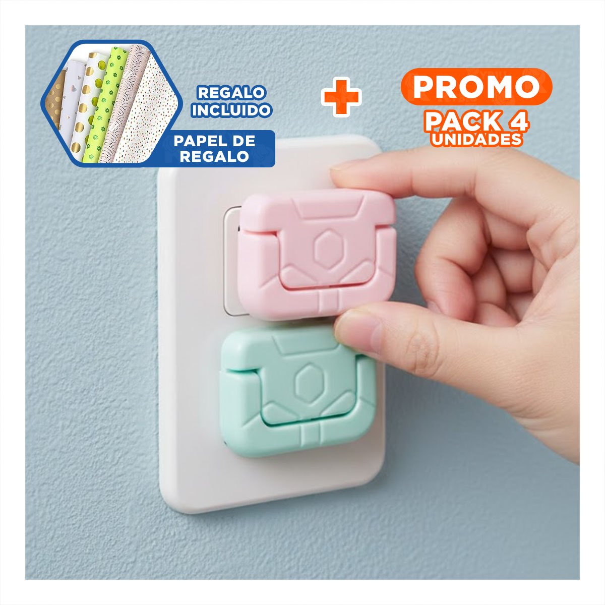 PACK4 PROTECTOR DE ENCHUFE RECTANGULAR DIMENSIONES 2,5X3CM ROSADO Y VERDE AGUA Y+PAPEL REGALO - 1