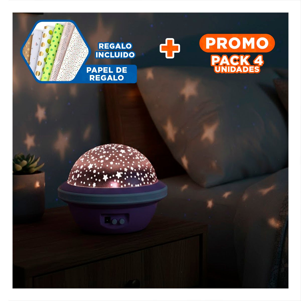 PACK4 FOCO LED GIRATORIO DE GALAXIA LILA PARA DORMITORIO Y+PAPEL REGALO - 1