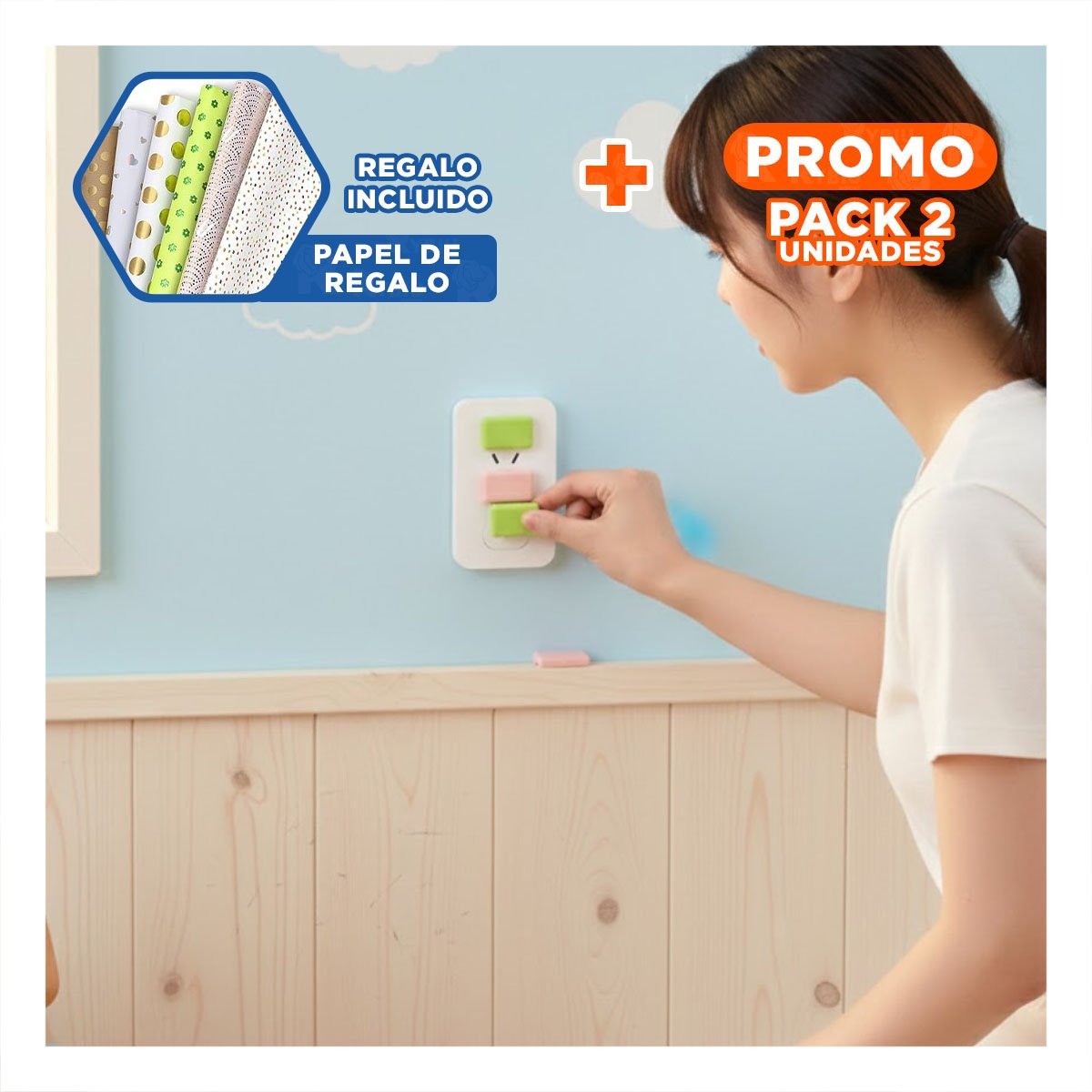 PACK2 PROTECTOR RECTANGULAR ROSADO VERDE Y BLANCO PARA ENCHUFE 2,5X3,5CM Y+PAPEL REGALO - 1