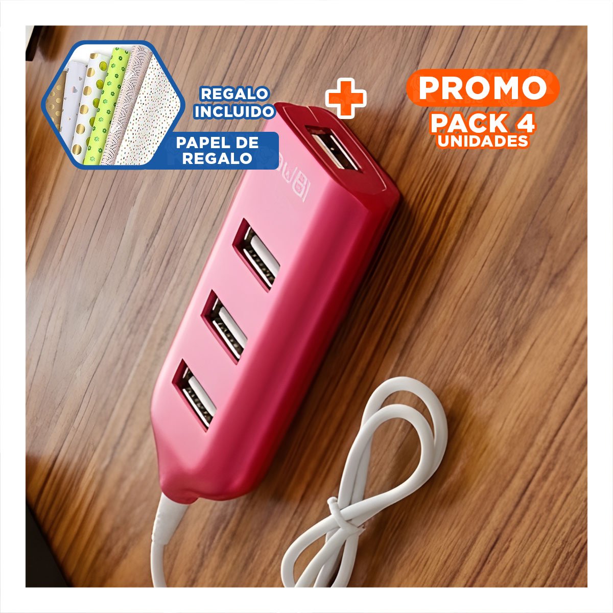 PACK4 CONECTOR USB ALTA VELOCIDAD 4 PUERTOS FUSCIA COMPACTO Y VERSATIL Y+PAPEL REGALO - 1