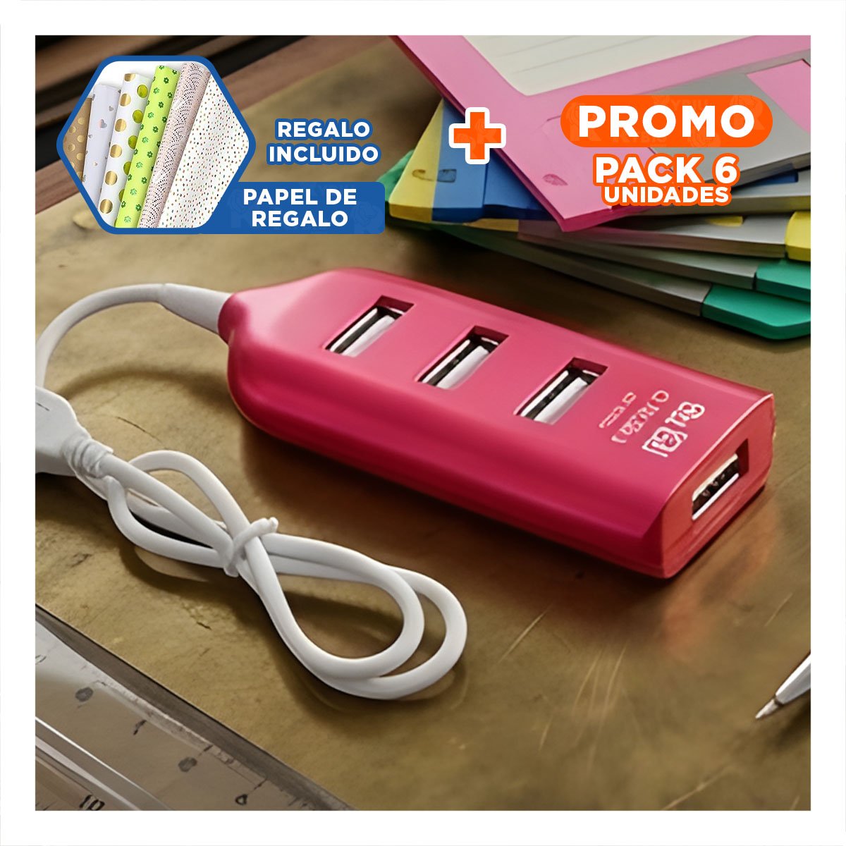 PACK6 ESTACION ALTA VELOCIDAD USB 4 PUERTOS FUSCIA FUNCIONAL Y SEGURA Y+PAPEL REGALO - 1