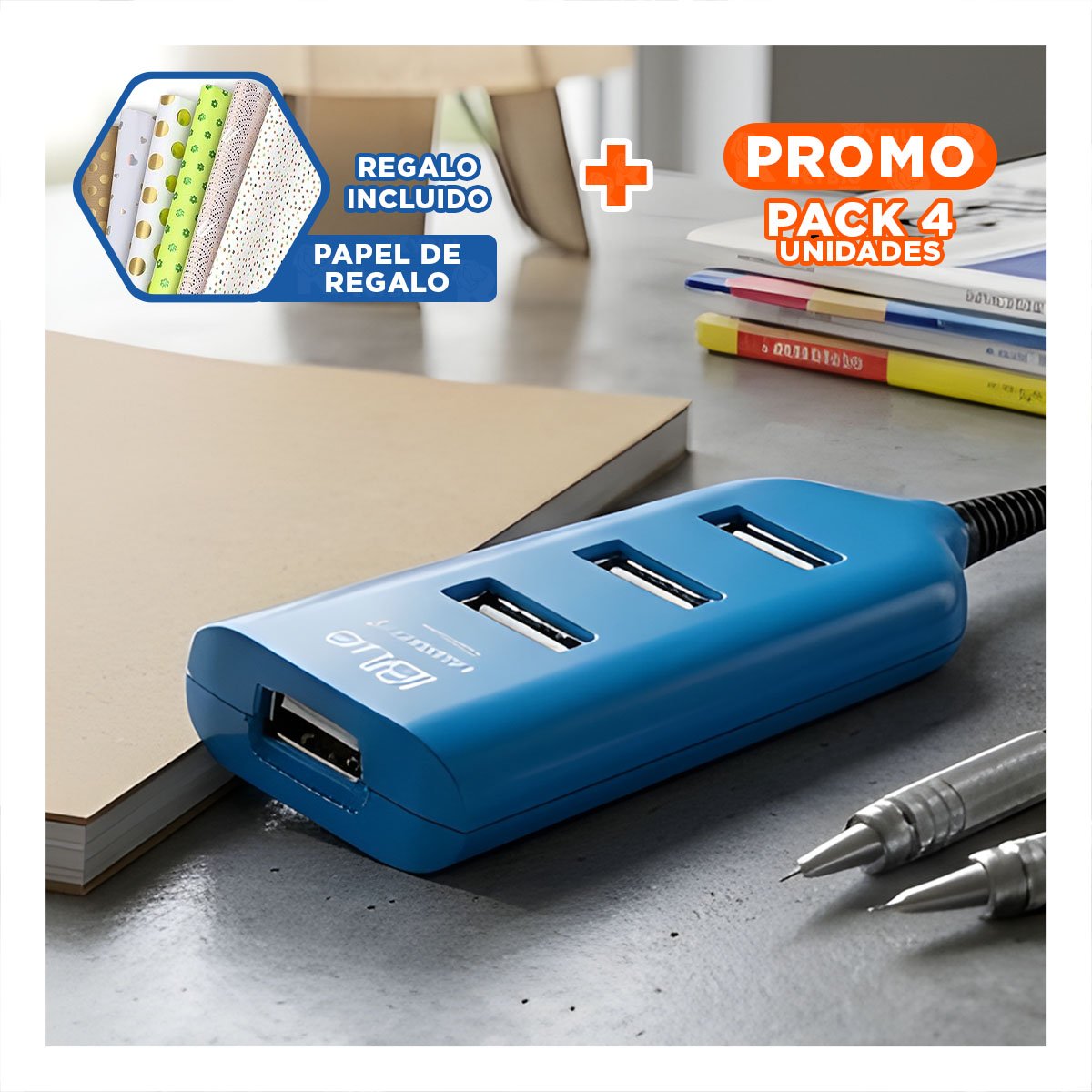 PACK4 CONECTOR USB ALTA VELOCIDAD 4 PUERTOS TURQUEZA COMPACTO Y VERSATIL Y+PAPEL REGALO - 1