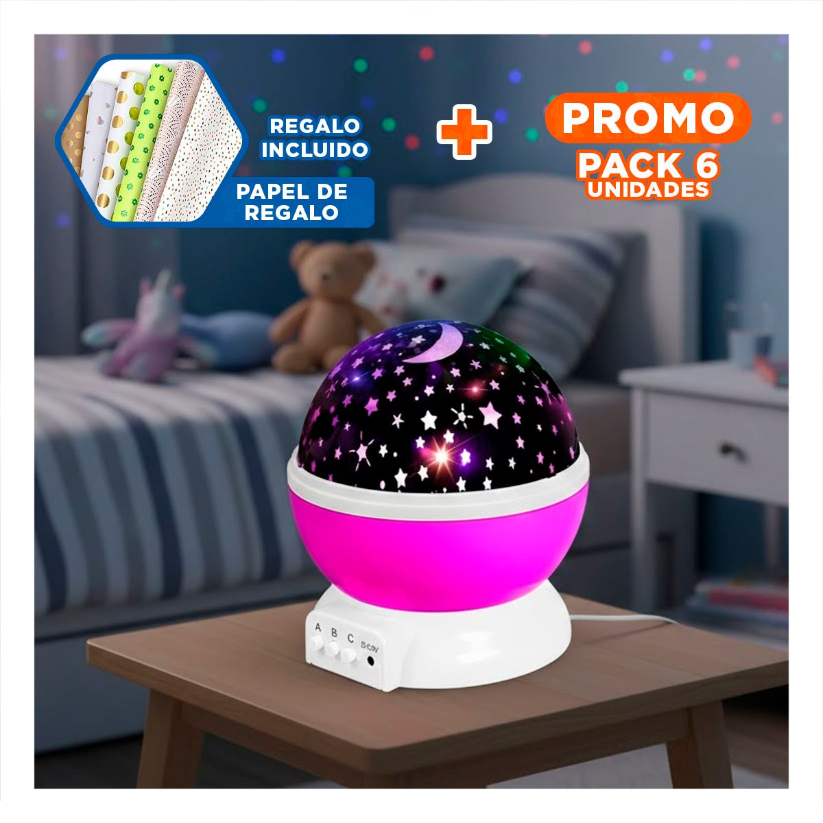 PACK6 FOCO DE NOCHE GIRATORIO DE ESTRELLAS COLOR FUCSIA Y+PAPEL REGALO - 1