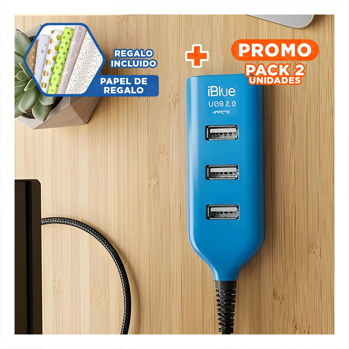 PACK2 CONECTOR USB ALTA VELOCIDAD 4 PUERTOS TURQUEZA LIGERO Y SEGURO TODO EL DIA Y+PAPEL REGALO - 1