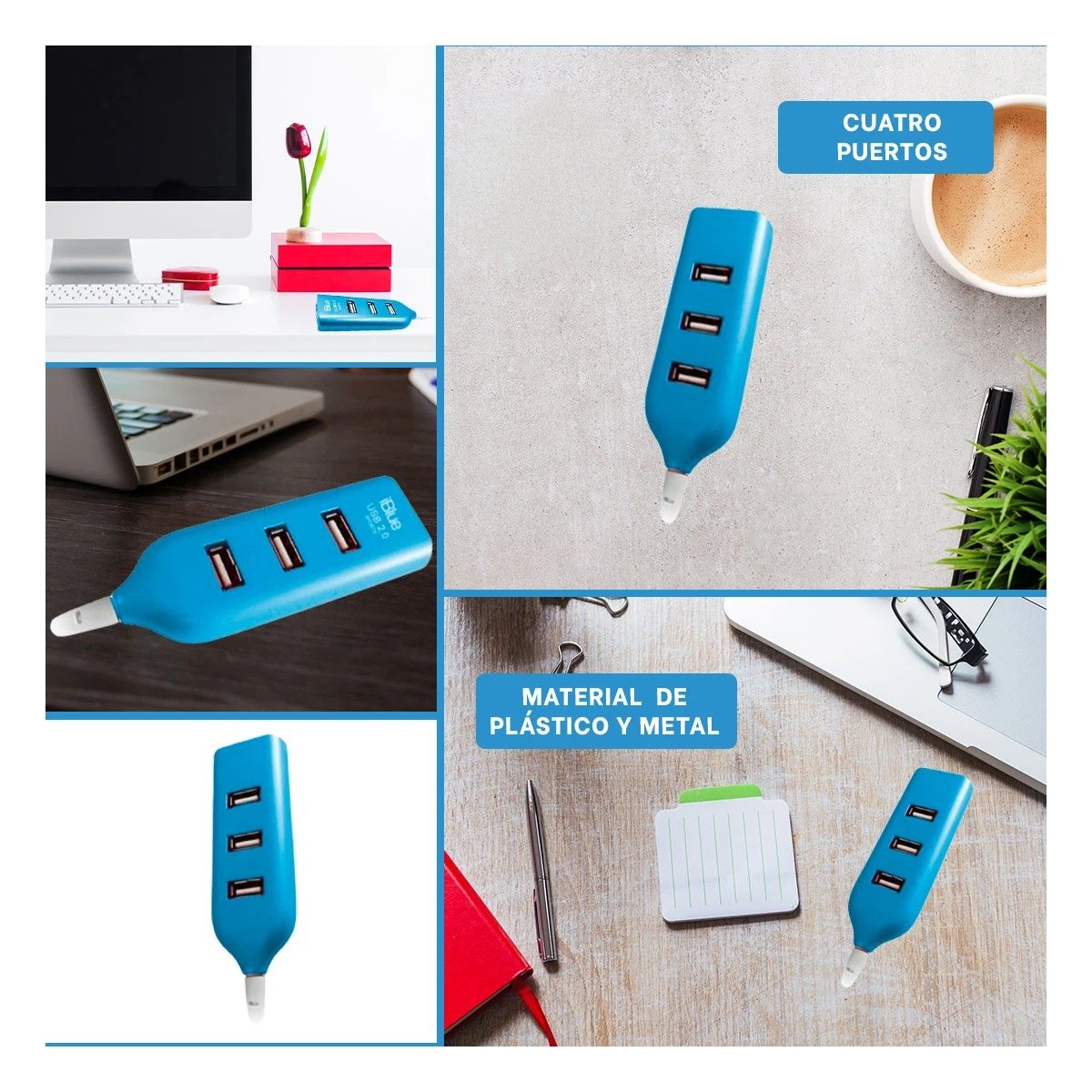 PACK2 CONECTOR USB ALTA VELOCIDAD 4 PUERTOS TURQUEZA LIGERO Y SEGURO TODO EL DIA Y+PAPEL REGALO - 3