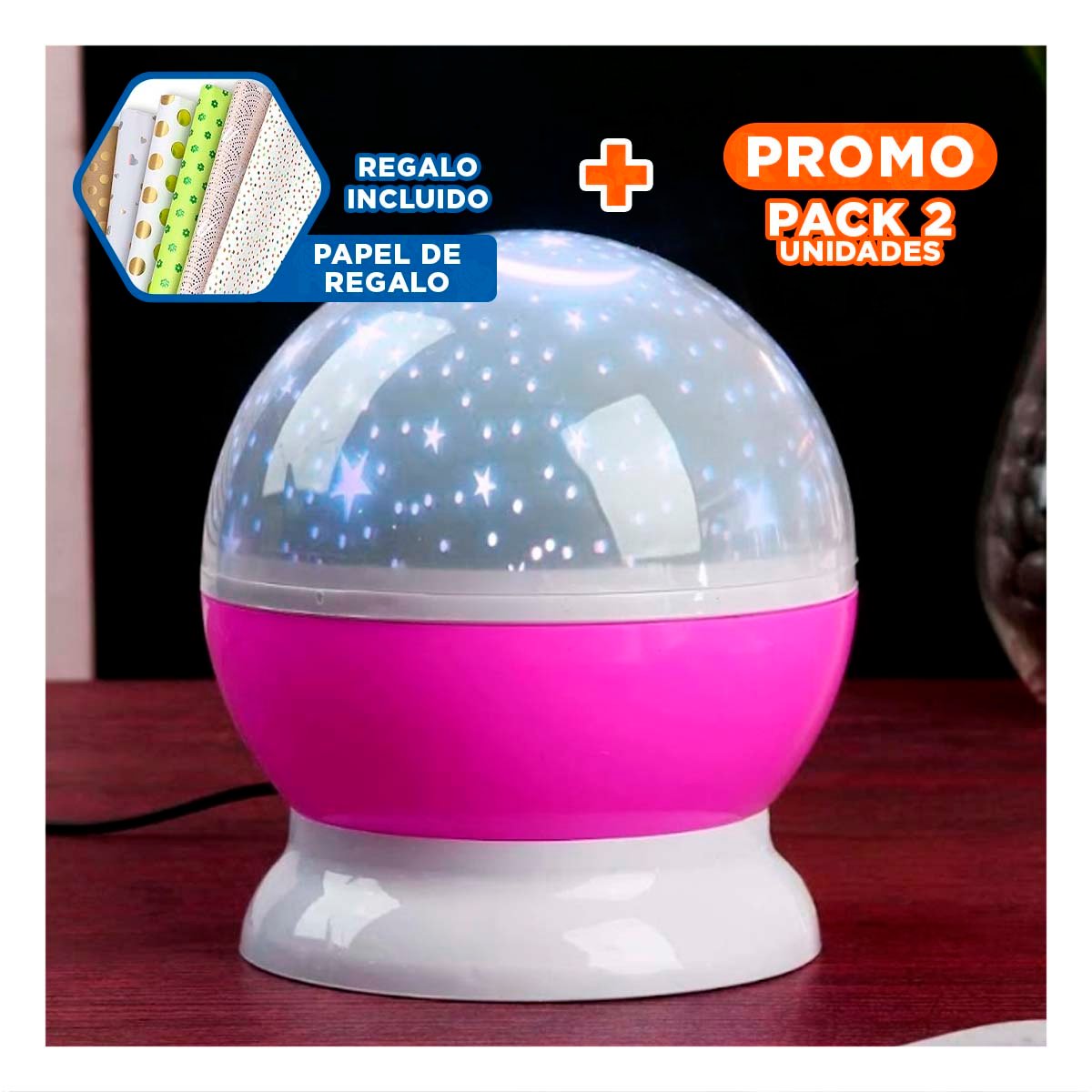 PACK2 LUZ DE NOCHE GIRATORIA DE GALAXIA COLOR FUCSIA LED Y+PAPEL REGALO - 1