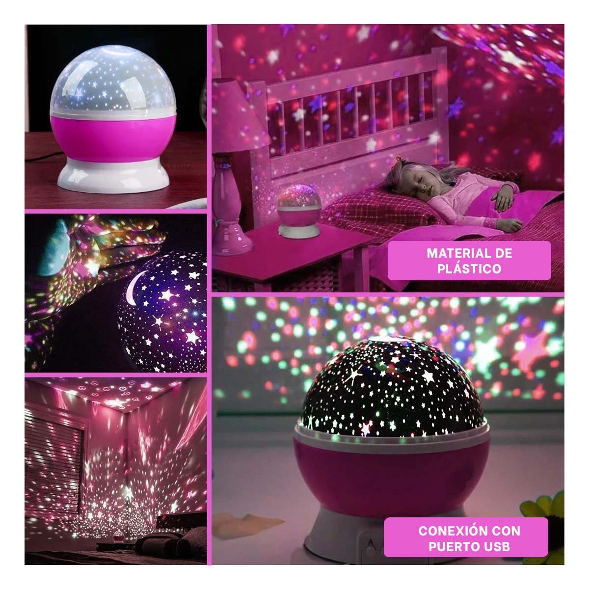 PACK2 LUZ DE NOCHE GIRATORIA DE GALAXIA COLOR FUCSIA LED Y+PAPEL REGALO - 3