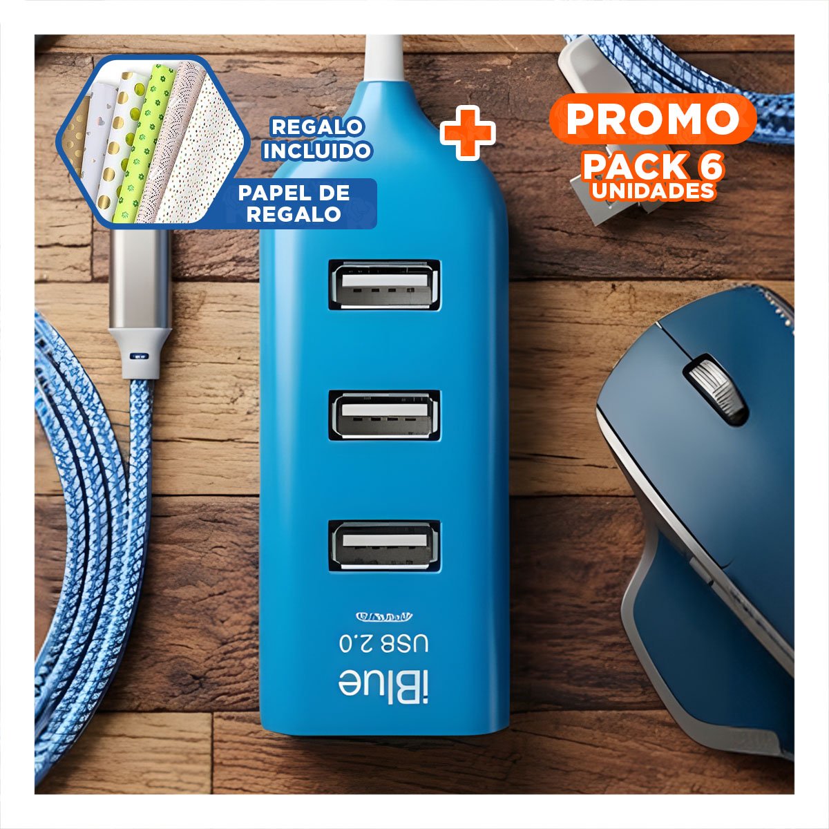 PACK6 ESTACION ALTA VELOCIDAD USB 4 PUERTOS TURQUEZA FUNCIONAL Y SEGURA Y+PAPEL REGALO - 1