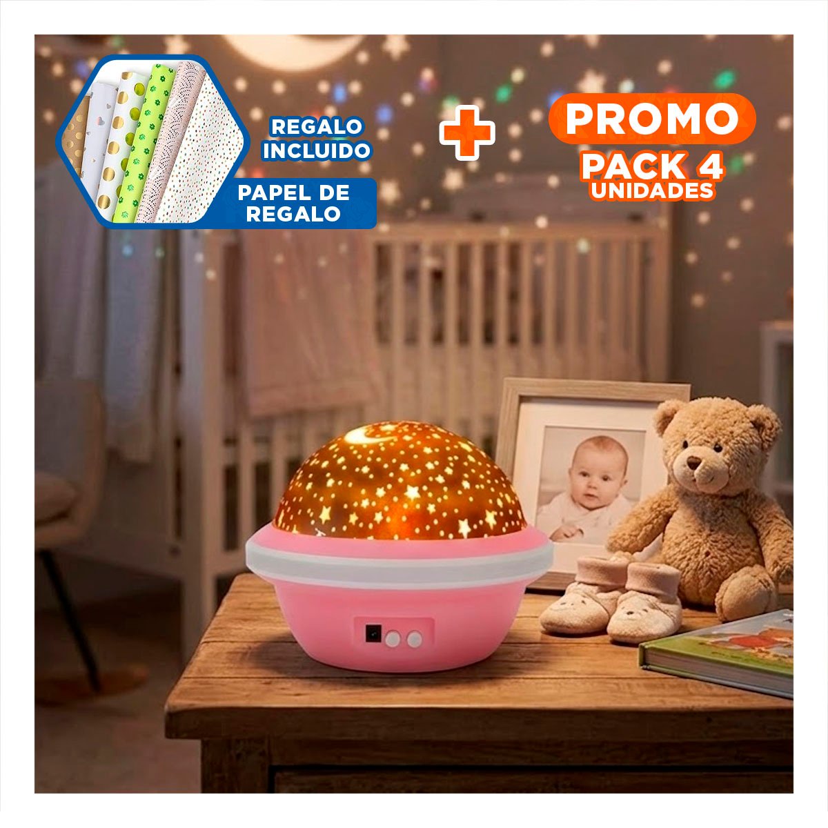 PACK4 FOCO LED GIRATORIO DE GALAXIA ROSADO PARA DORMITORIO Y+PAPEL REGALO - 1