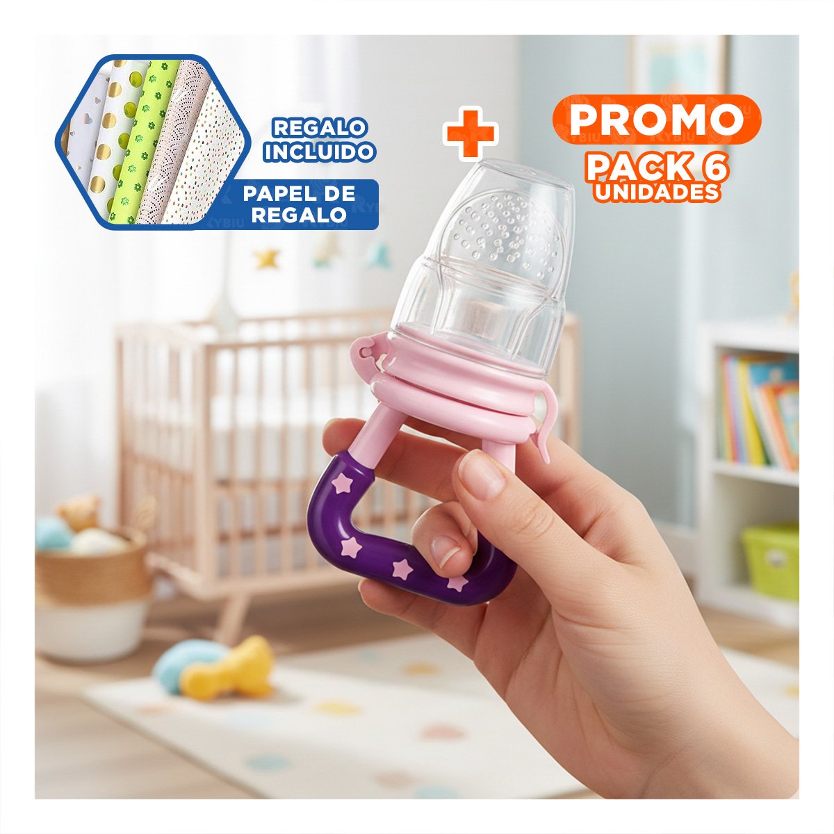 PACK6 BOQUILLA ALIMENTADORA EN COLOR MORADO CON ESTRELLITAS DE SILICONA Y+PAPEL REGALO - 1