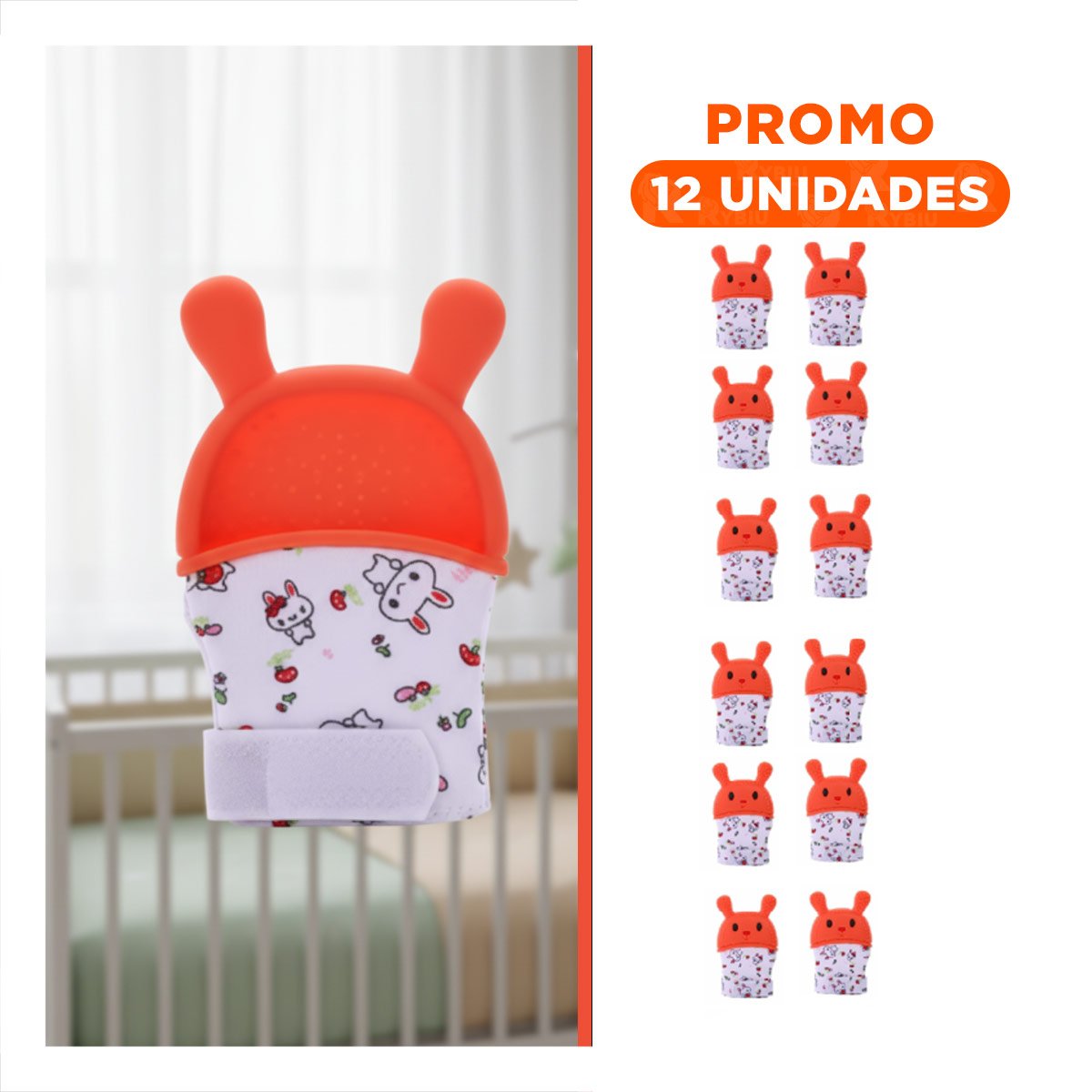 PACK12 MANOPLA MORDEDORA EN COLOR NARANJA CON FORMA DE CONEJO SUAVE Y+REGALO STICKER - 1