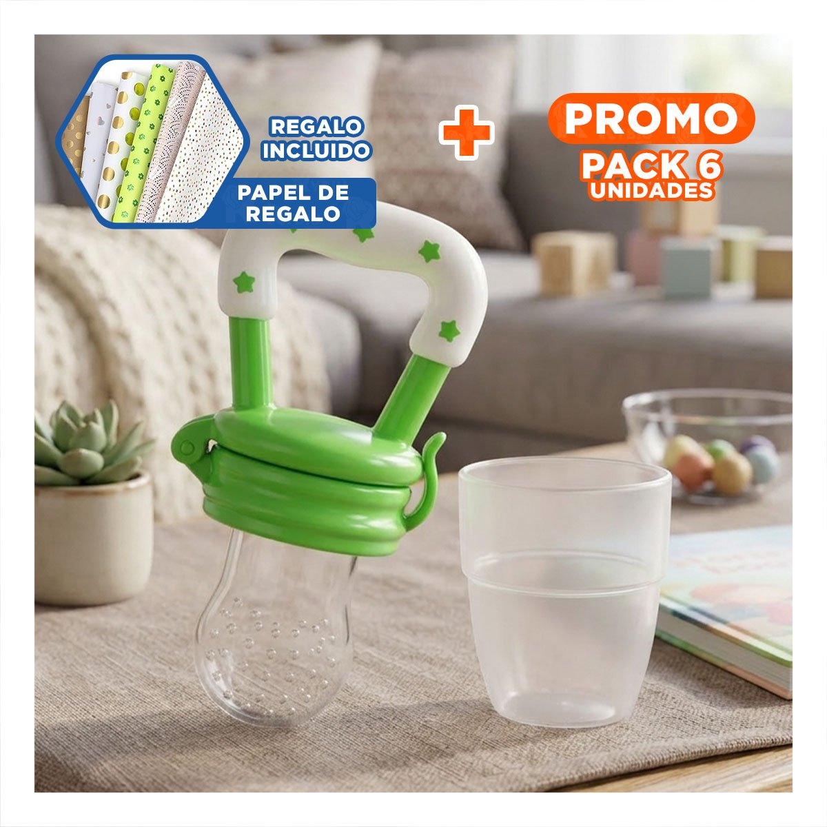 PACK6 BOQUILLA ALIMENTADORA EN COLOR VERDE CON ESTRELLITAS DE SILICONA Y+PAPEL REGALO - 1