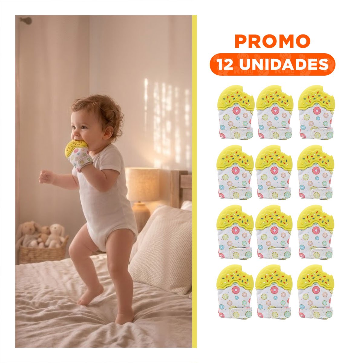 PACK12 MANOPLA MORDEDORA EN COLOR AMARILLO CON FORMA DE DONA SUAVE Y+REGALO STICKER - 1