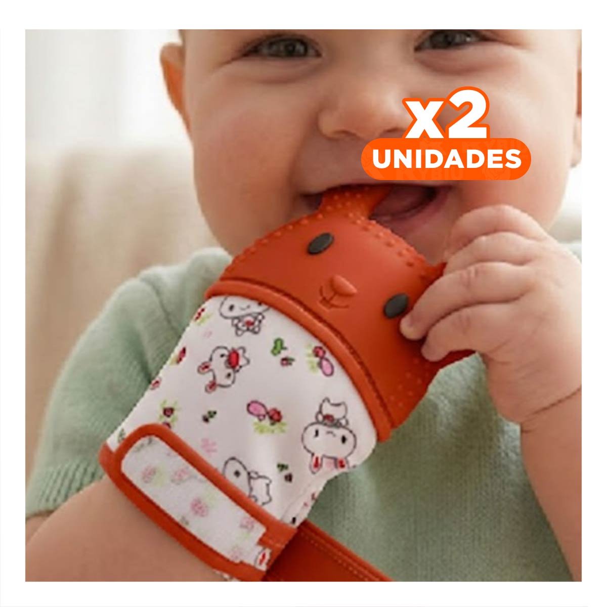 PACK2 GUANTE MORDEDOR INFANTIL EN COLOR NARANJA CON FORMA DE CONEJO Y+REGALO STICKER - 1