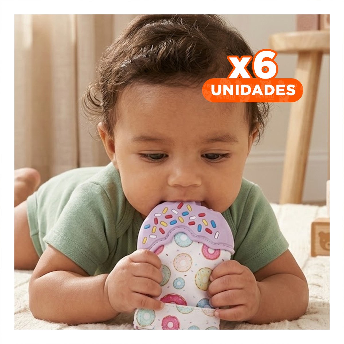 PACK6 MANOPLA INFANTIL EN COLOR LILA CON FORMA DE DONA MORDEDORA Y+REGALO STICKER - 1