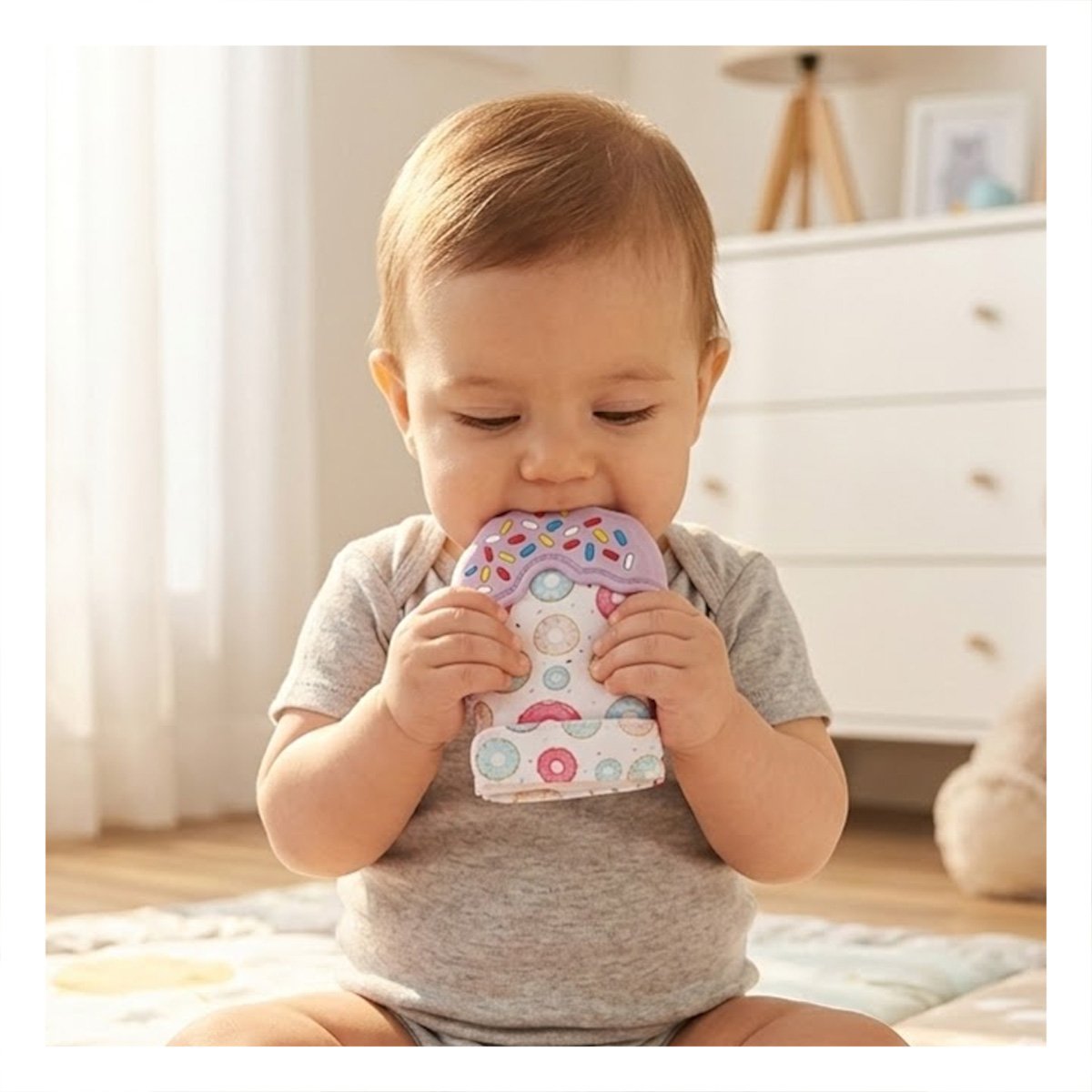 PACK6 MANOPLA INFANTIL EN COLOR LILA CON FORMA DE DONA MORDEDORA Y+REGALO STICKER - 5