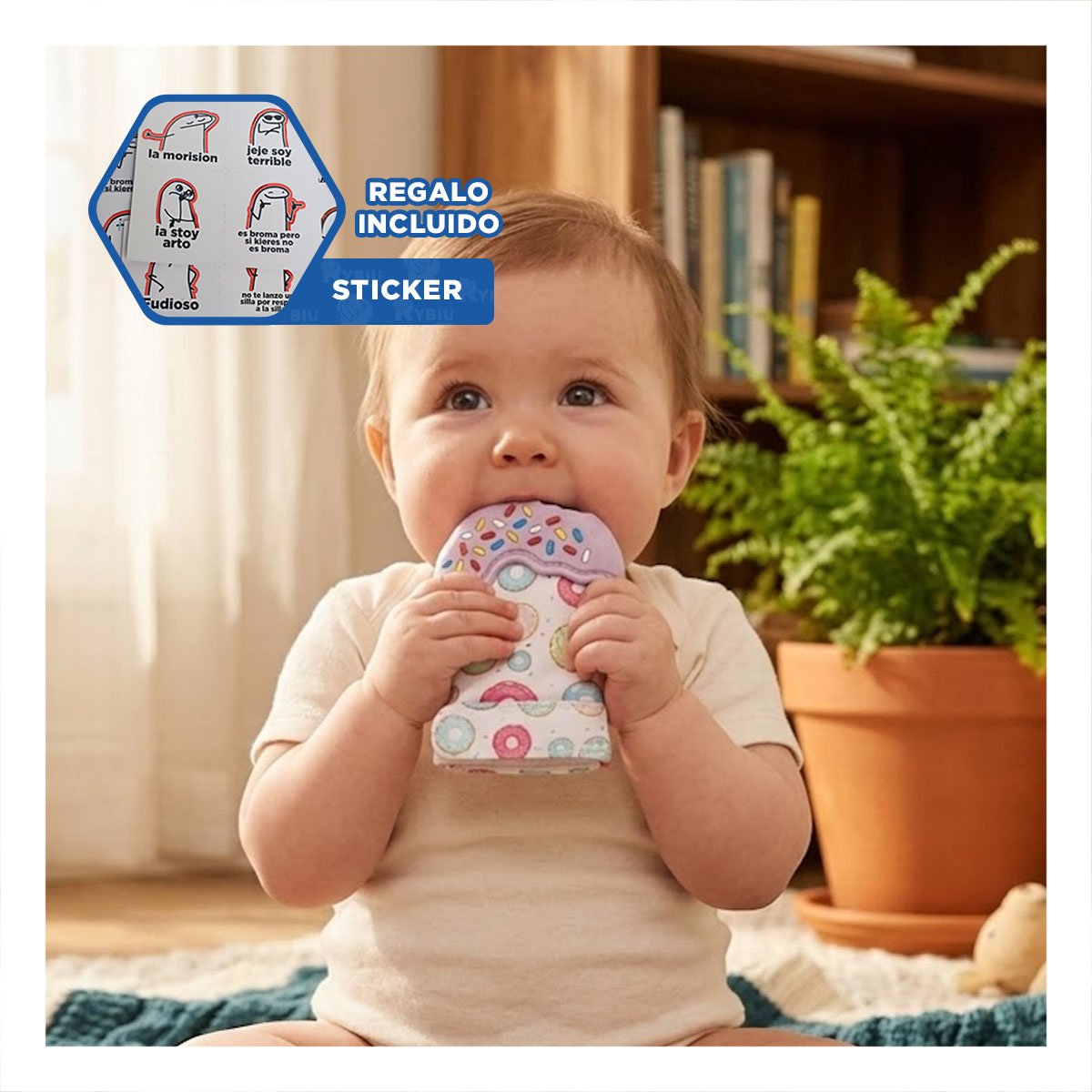 MORDEDOR EN FORMA FORMA DE DONA EN COLOR LILA PARA ESTIMULACION Y+REGALO STICKER - 1