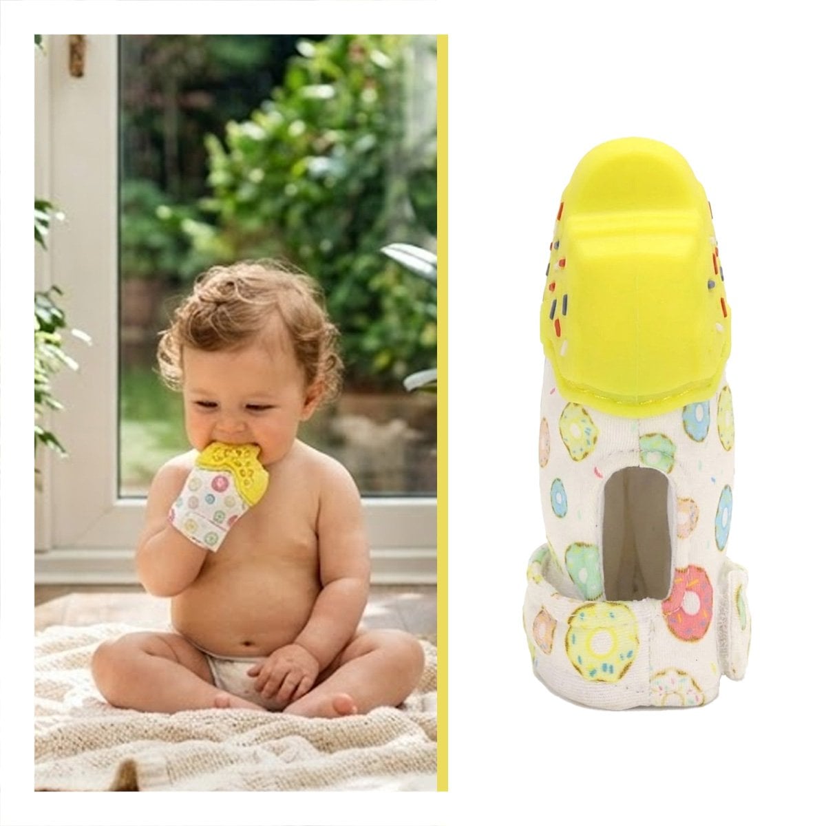 MORDEDOR INFANTIL TIPO FORMA DE DONA EN COLOR AMARILLO CON GUANTE FLEXIBLE - 3