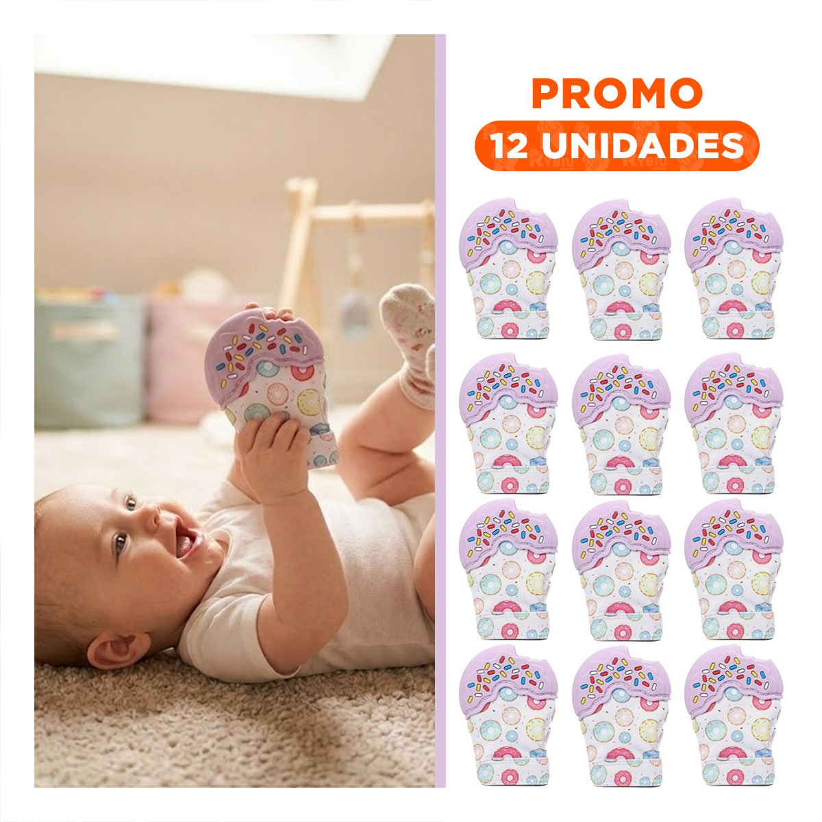 PACK12 MANOPLA MORDEDORA EN COLOR LILA CON FORMA DE DONA SUAVE Y+REGALO STICKER - 1