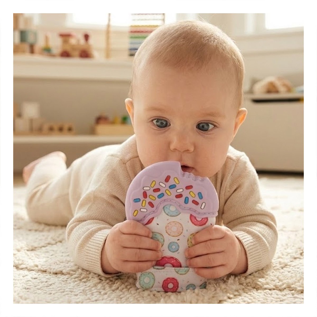 PACK12 MANOPLA MORDEDORA EN COLOR LILA CON FORMA DE DONA SUAVE Y+REGALO STICKER - 5