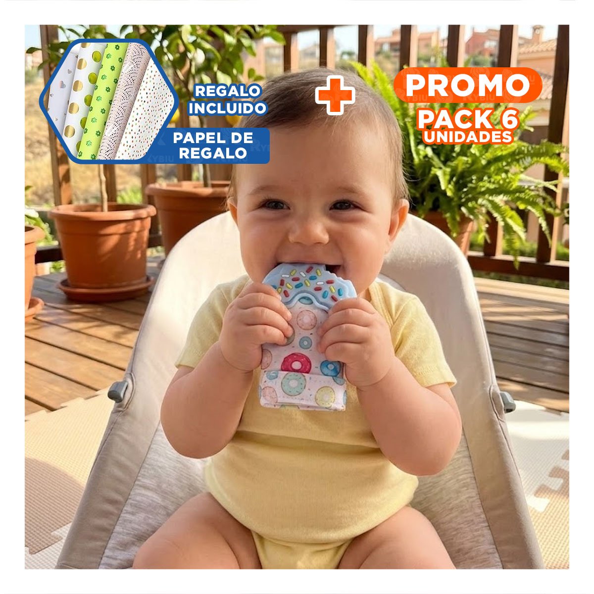 PACK6 MANOPLA MORDEDORA EN FORMA DE DONA EN COLOR CELESTE INFANTIL Y+PAPEL REGALO - 1
