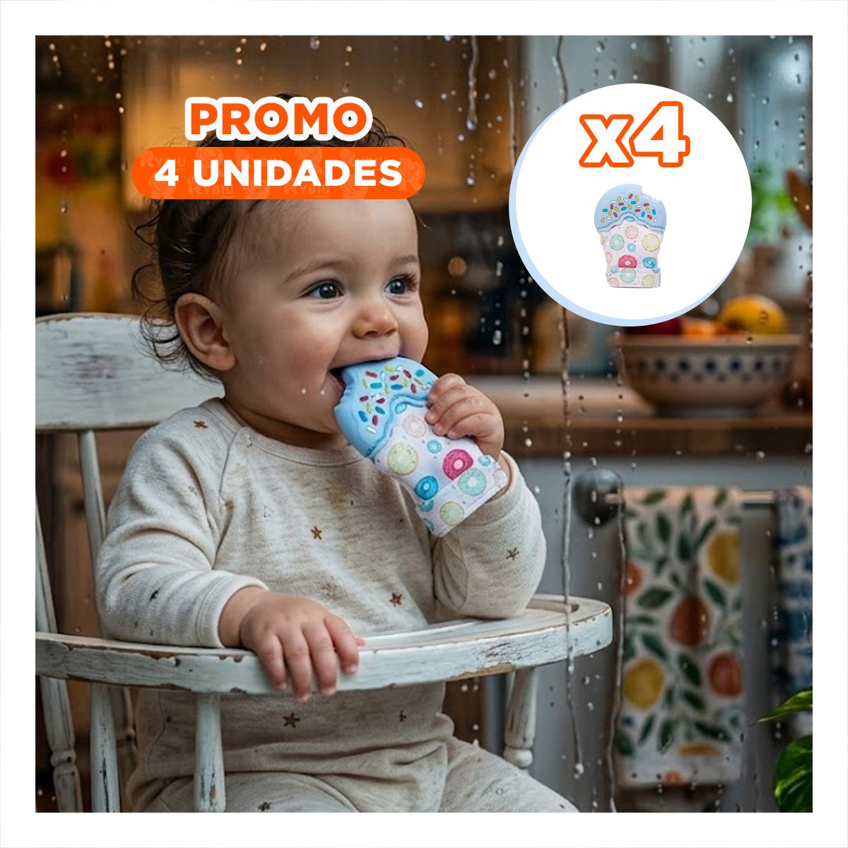 PACK4 GUANTE EN COLOR CELESTE TIPO MORDEDOR EN FORMA DE DONA PARA DENTICION - 1