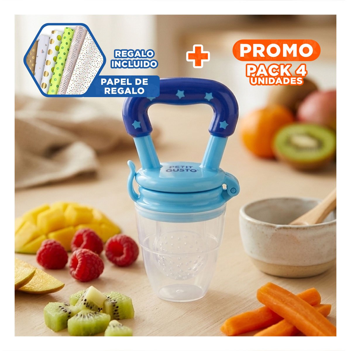 PACK4 CHUPON EN COLOR AZUL TIPO ALIMENTADOR CON SILICONA FLEXIBLE Y ESTRELLITAS Y+PAPEL REGALO - 1
