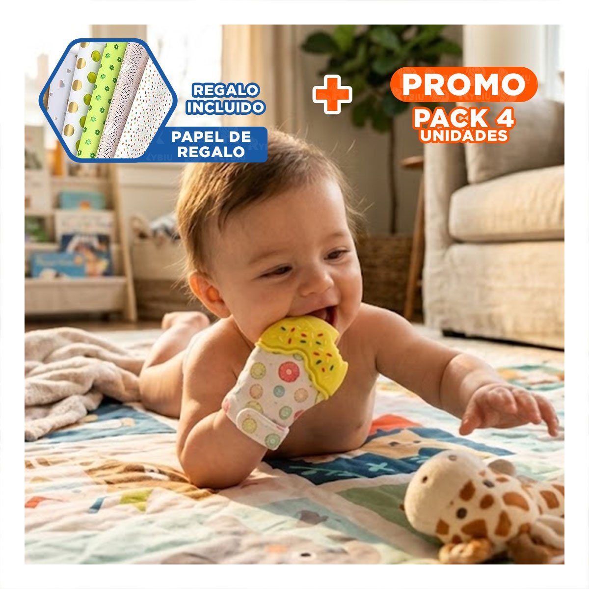 PACK4 GUANTE MORDEDOR SUAVE EN COLOR AMARILLO TIPO FORMA DE DONA INFANTIL Y+PAPEL REGALO - 1