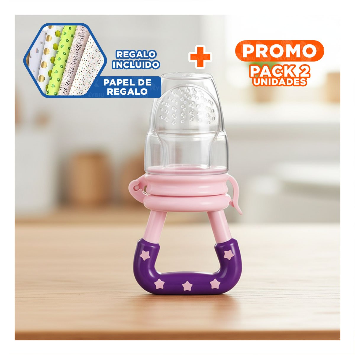 PACK2 CHUPON ALIMENTADOR INFANTIL EN COLOR MORADO CON SILICONA Y ESTRELLITAS Y+PAPEL REGALO - 1