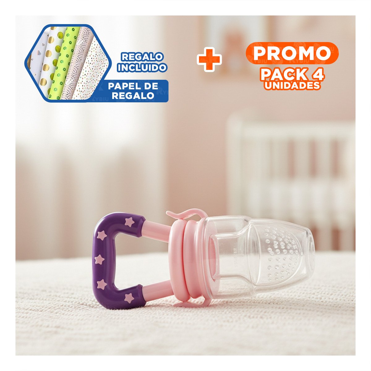 PACK4 CHUPON COLOR MORADO TIPO ALIMENTADOR CON SILICONA FLEXIBLE Y ESTRELLITAS Y+PAPEL REGALO - 1