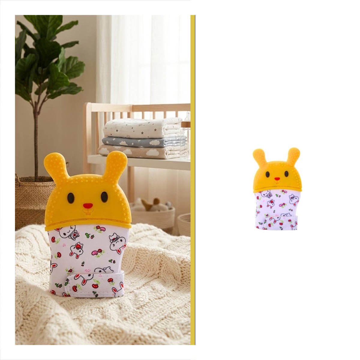 MORDEDOR INFANTIL TIPO FORMA DE CONEJO EN COLOR AMARILLO CON GUANTE FLEXIBLE - 3