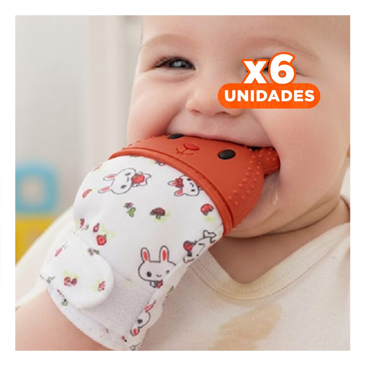 PACK6 MANOPLA INFANTIL EN COLOR NARANJA CON FORMA DE CONEJO MORDEDORA Y+REGALO STICKER - 1