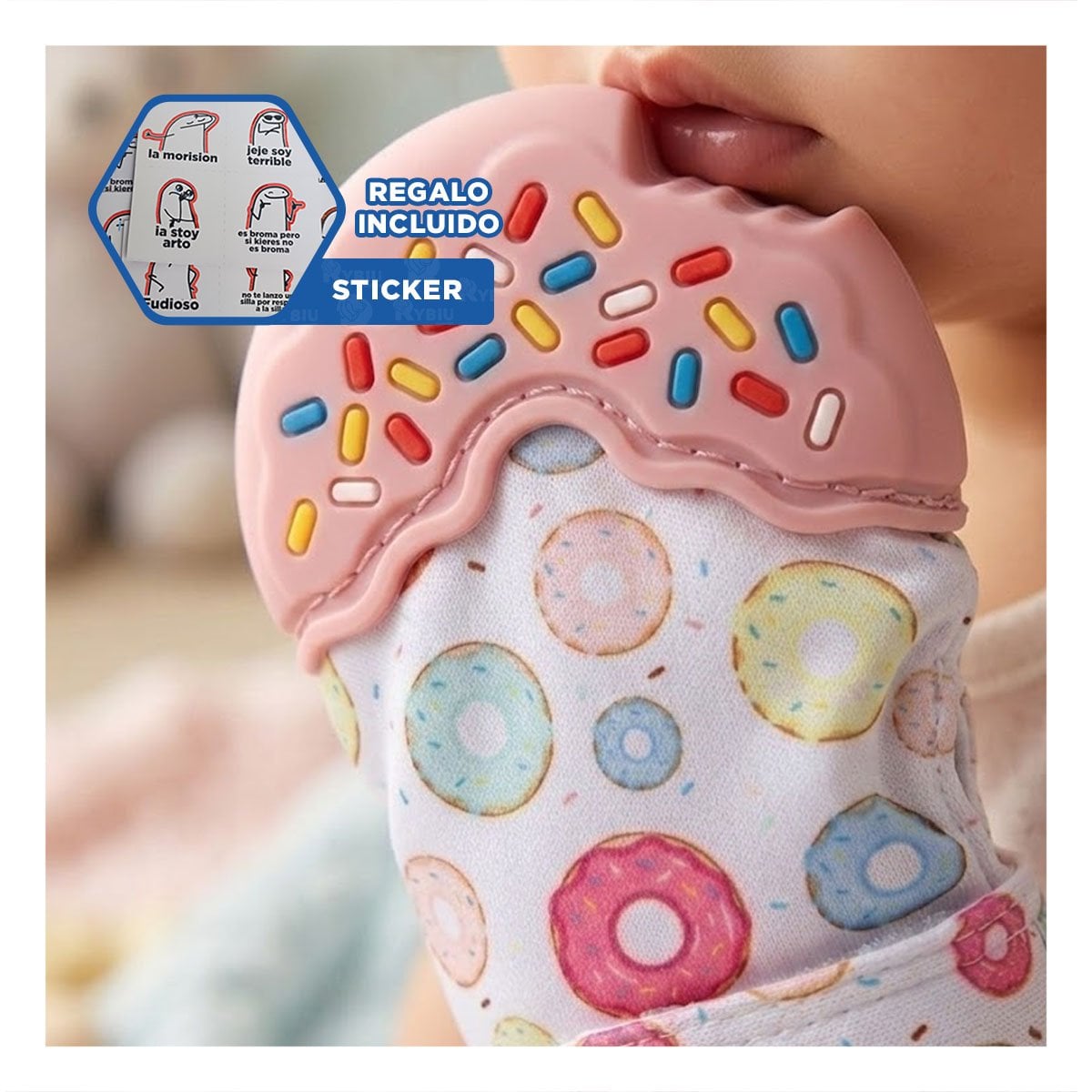 MORDEDOR EN FORMA FORMA DE DONA EN COLOR ROSADO PARA ESTIMULACION Y+REGALO STICKER - 1
