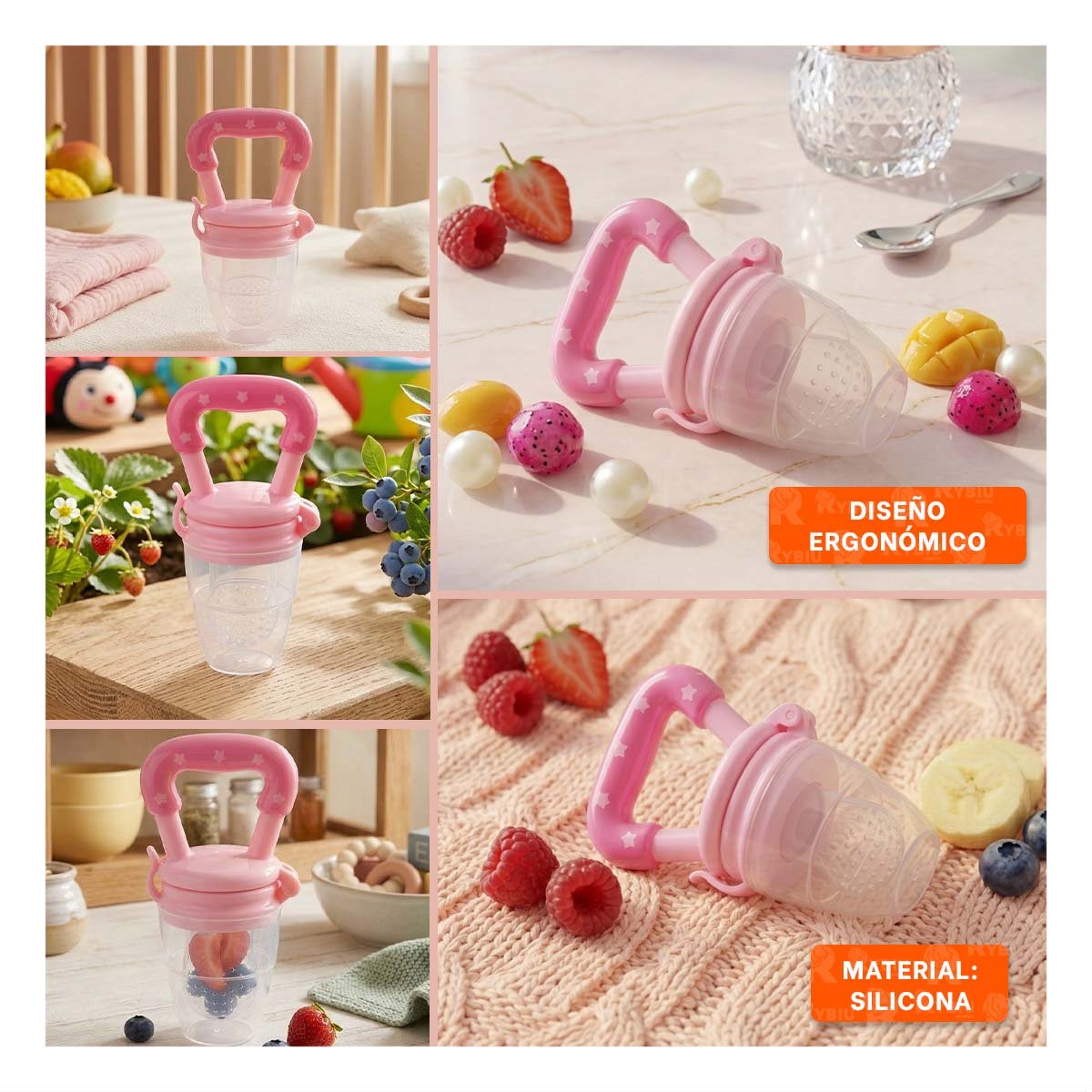 ALIMENTADOR INFANTIL EN COLOR ROSADO CON ESTRELLITAS DE SILICONA SUAVE Y+POST IT - 1