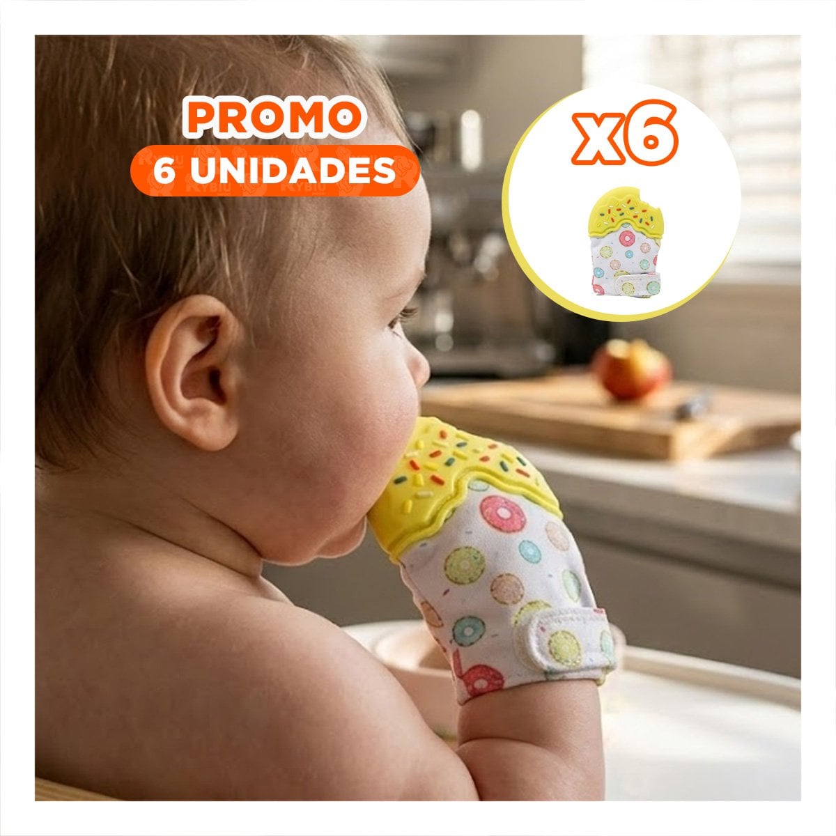 PACK6 MANOPLA INFANTIL EN COLOR AMARILLO CON FORMA DE DONA MORDEDORA Y+REGALO STICKER - 1