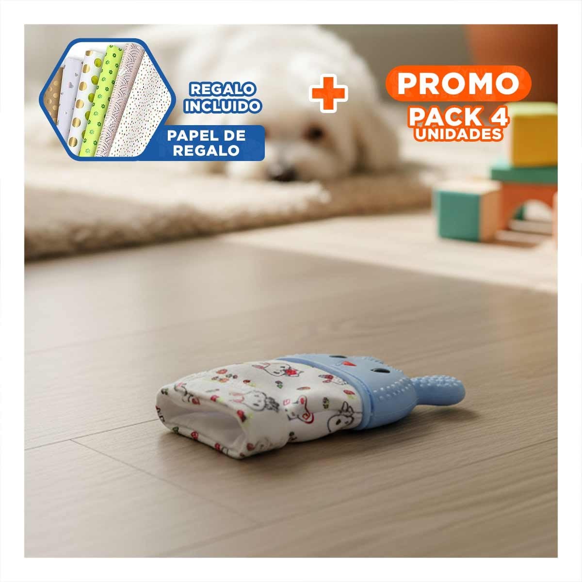 PACK4 GUANTE MORDEDOR SUAVE EN COLOR CELESTE TIPO FORMA DE CONEJO INFANTIL Y+PAPEL REGALO - 1
