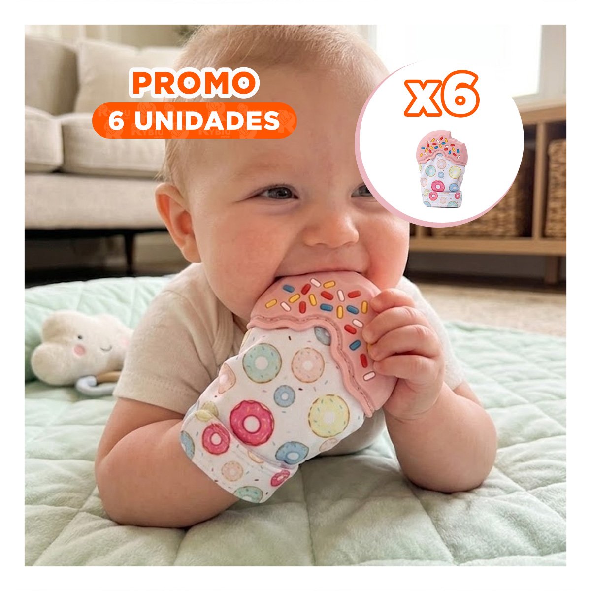 PACK6 MANOPLA INFANTIL EN COLOR ROSADO CON FORMA DE DONA MORDEDORA Y+REGALO STICKER - 1